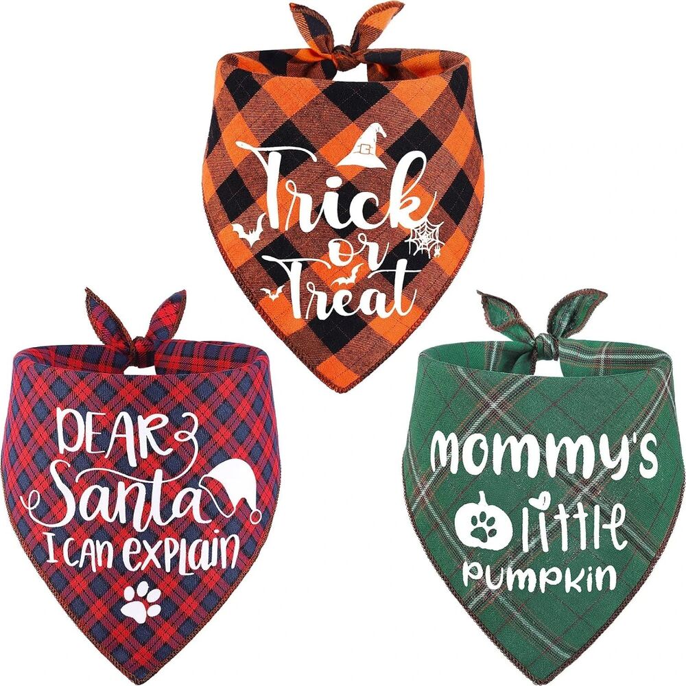 3 Pack Holiday Dog Bandanas Halloween Thanksgiving Christmas Plaid Pet‎ Scarf